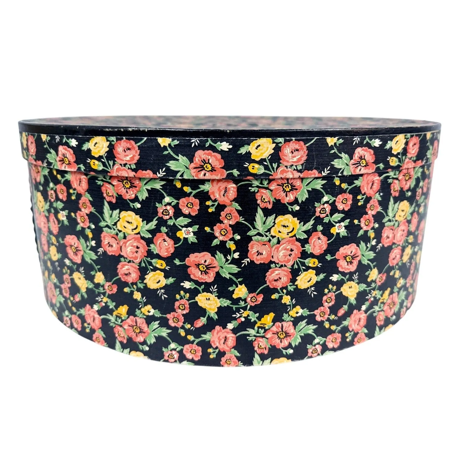 1940s-50s XL vintage wallpaper hat box Pink Flowers on Black  18" x 7" Wide Brim
