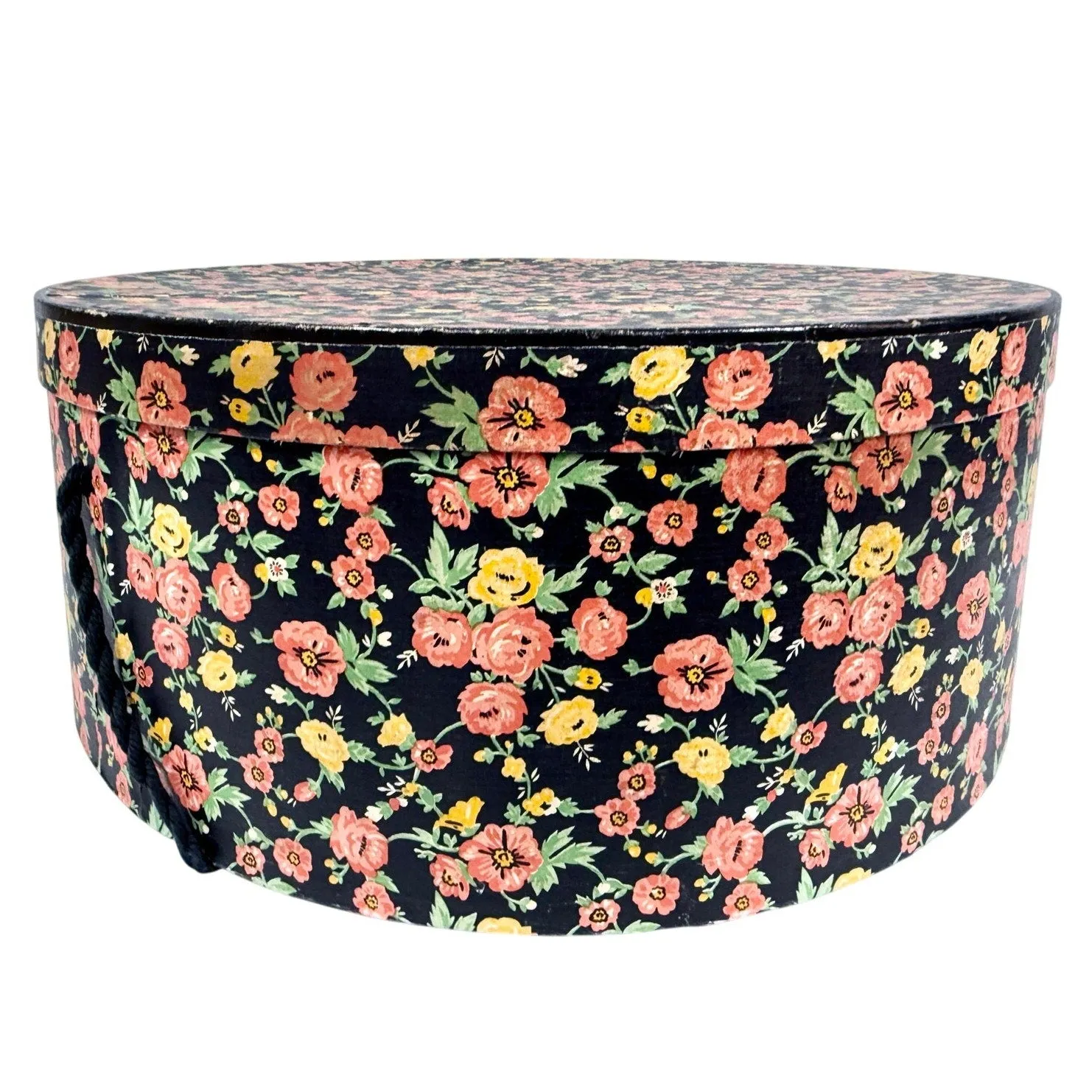 1940s-50s XL vintage wallpaper hat box Pink Flowers on Black  18" x 7" Wide Brim