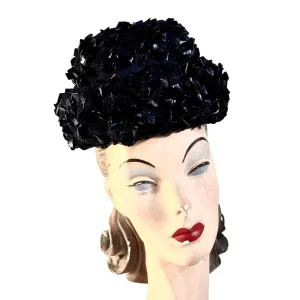 1950s 60s  Schiaparelli Hat Vintage MCM Dark Blue  Cellophane Straw Pillbox Sz S