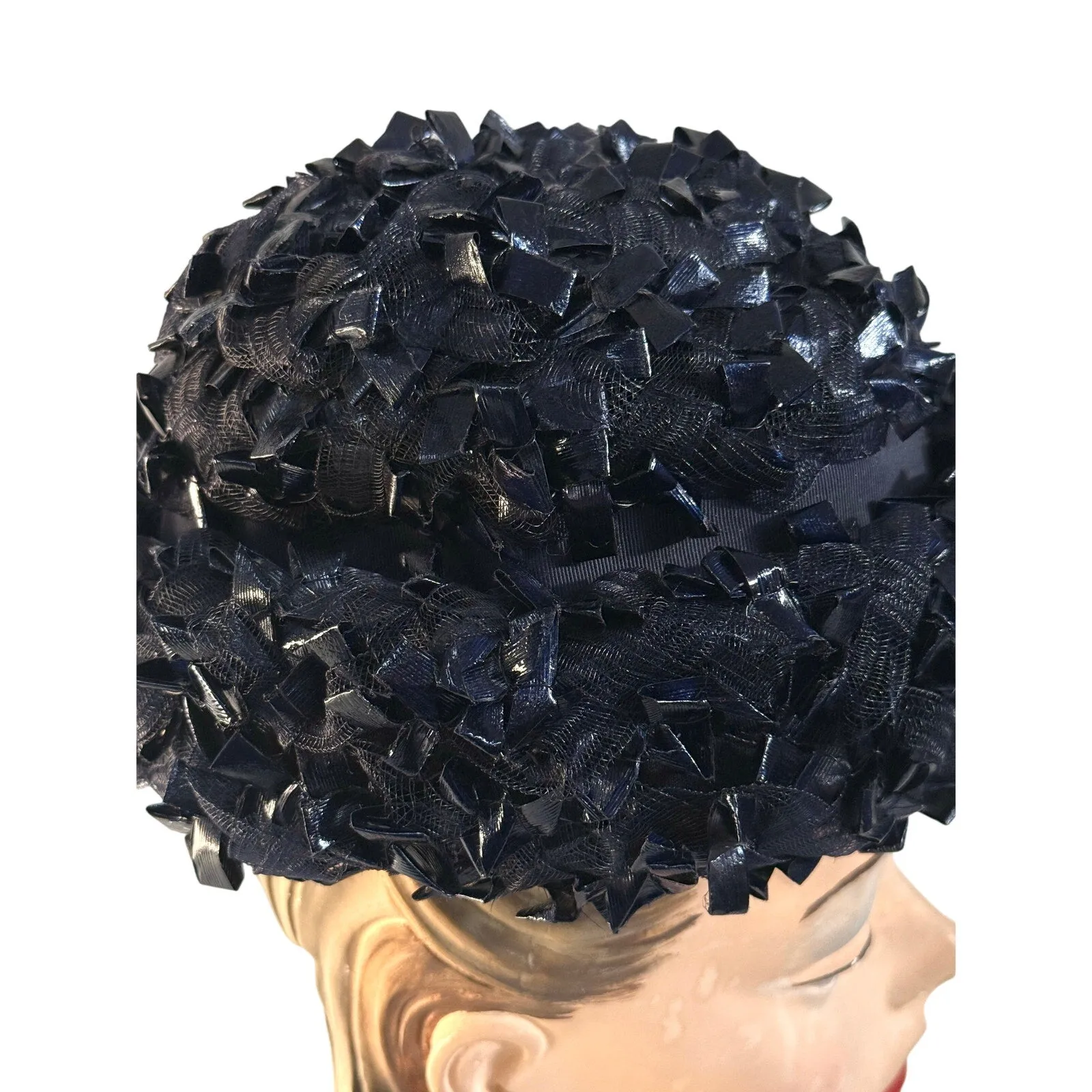 1950s 60s  Schiaparelli Hat Vintage MCM Dark Blue  Cellophane Straw Pillbox Sz S