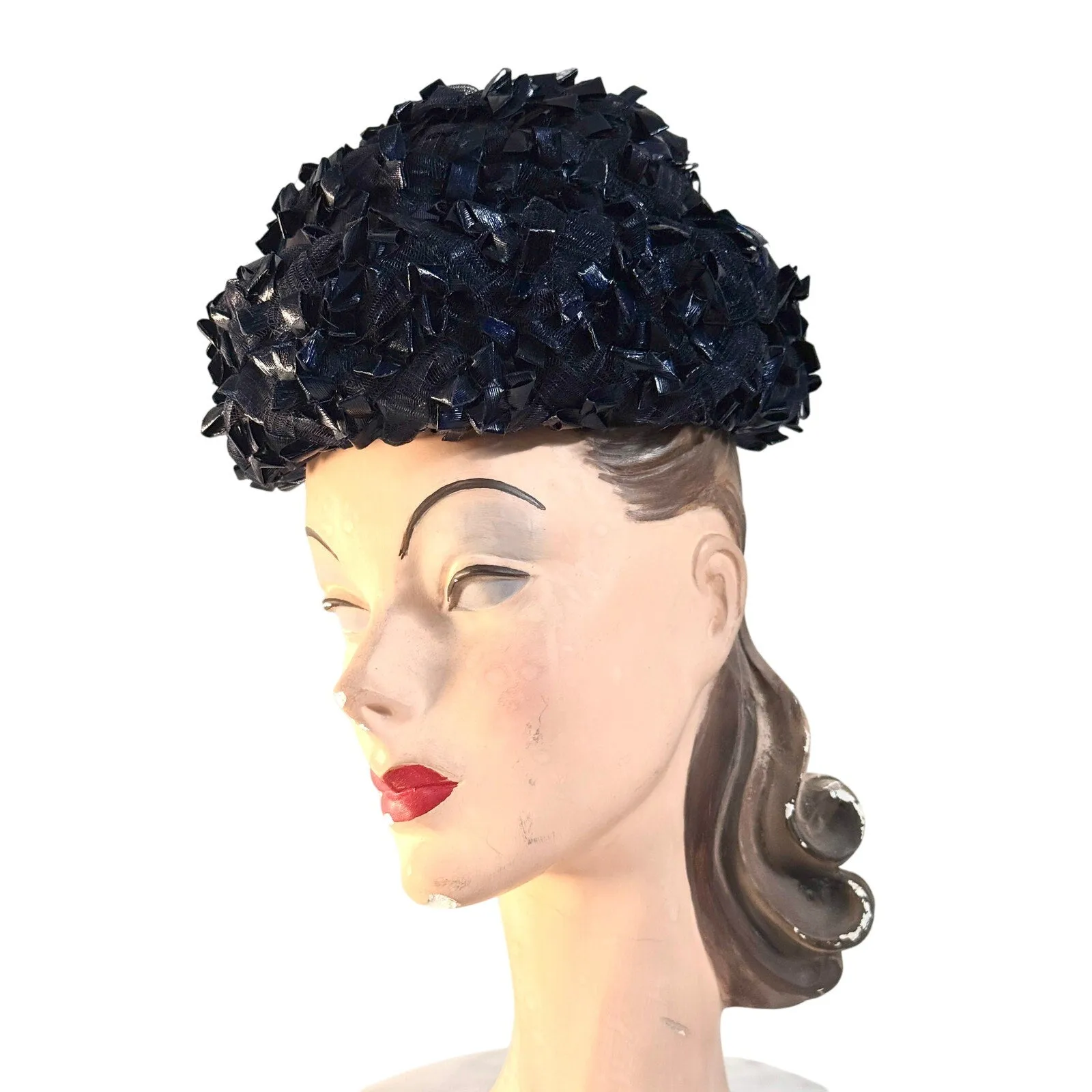 1950s 60s  Schiaparelli Hat Vintage MCM Dark Blue  Cellophane Straw Pillbox Sz S