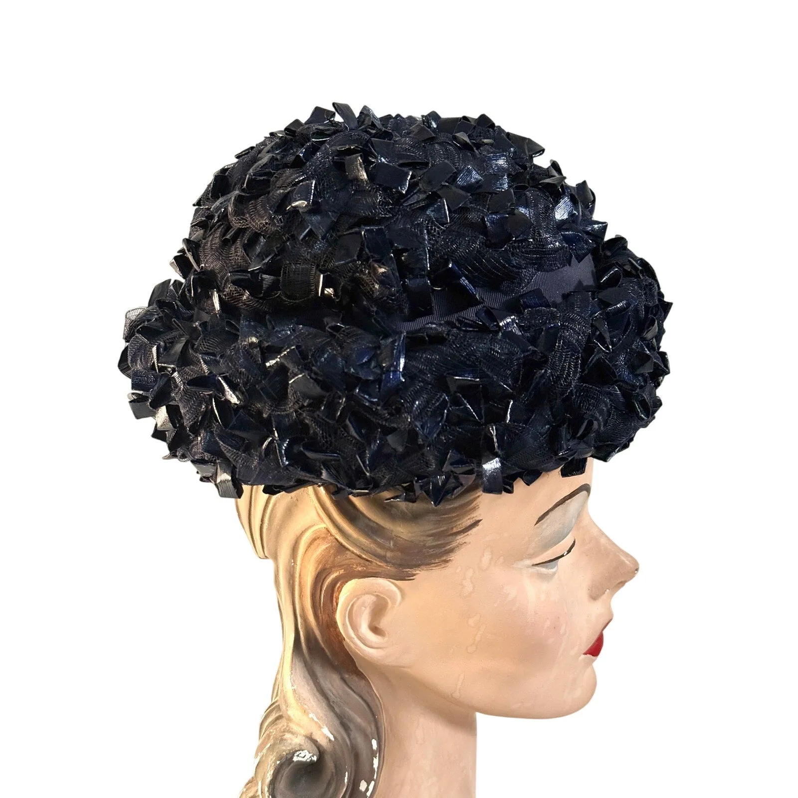 1950s 60s  Schiaparelli Hat Vintage MCM Dark Blue  Cellophane Straw Pillbox Sz S