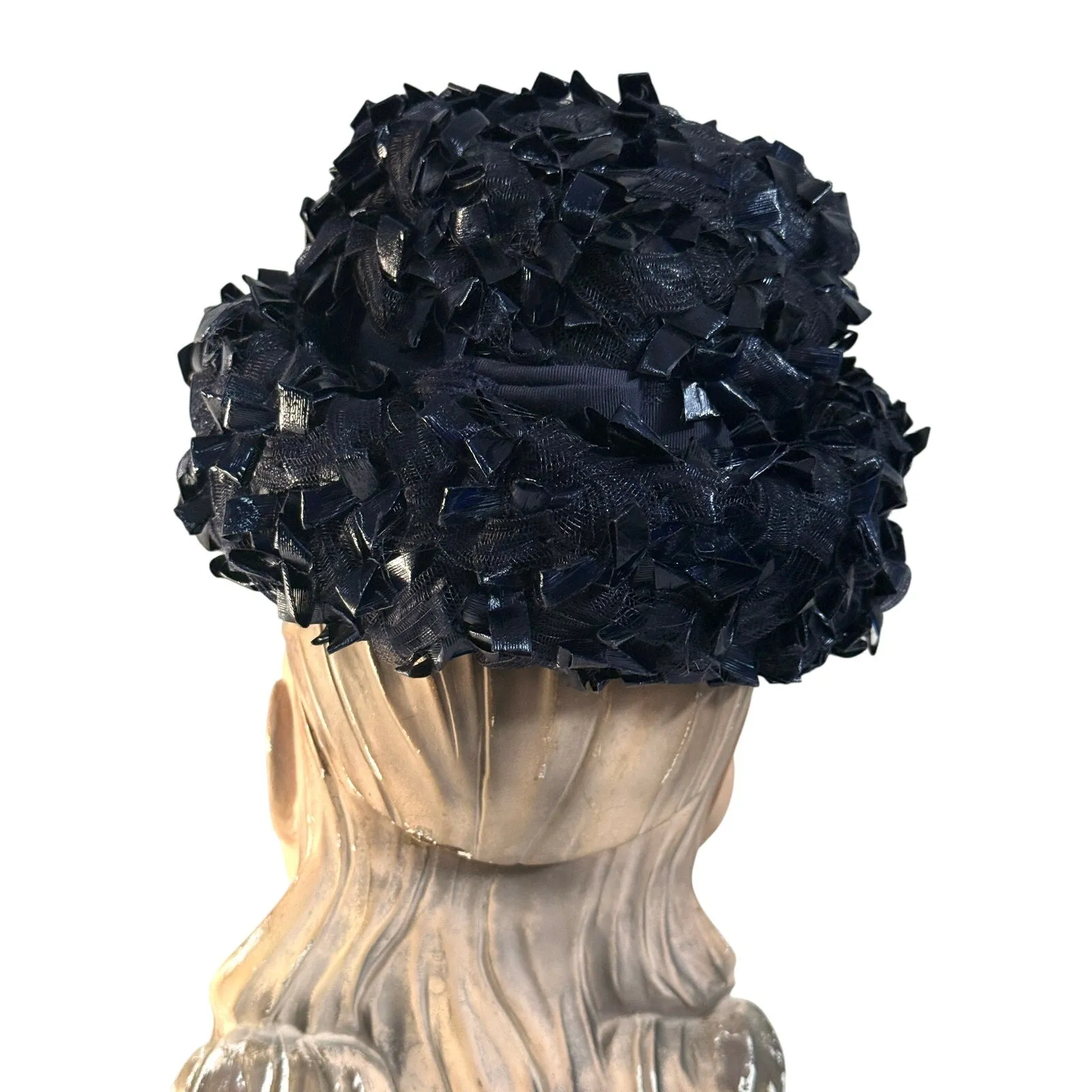 1950s 60s  Schiaparelli Hat Vintage MCM Dark Blue  Cellophane Straw Pillbox Sz S