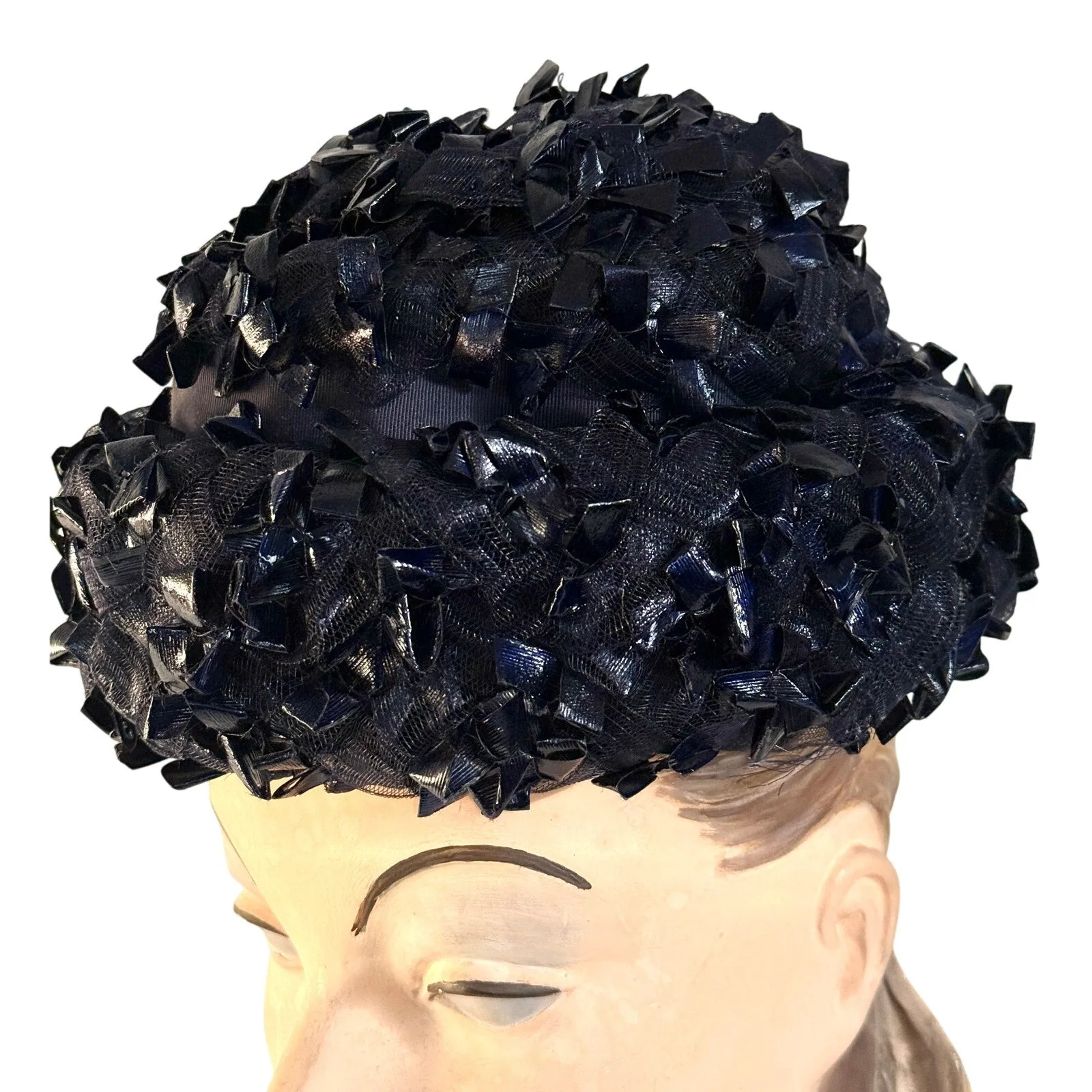 1950s 60s  Schiaparelli Hat Vintage MCM Dark Blue  Cellophane Straw Pillbox Sz S
