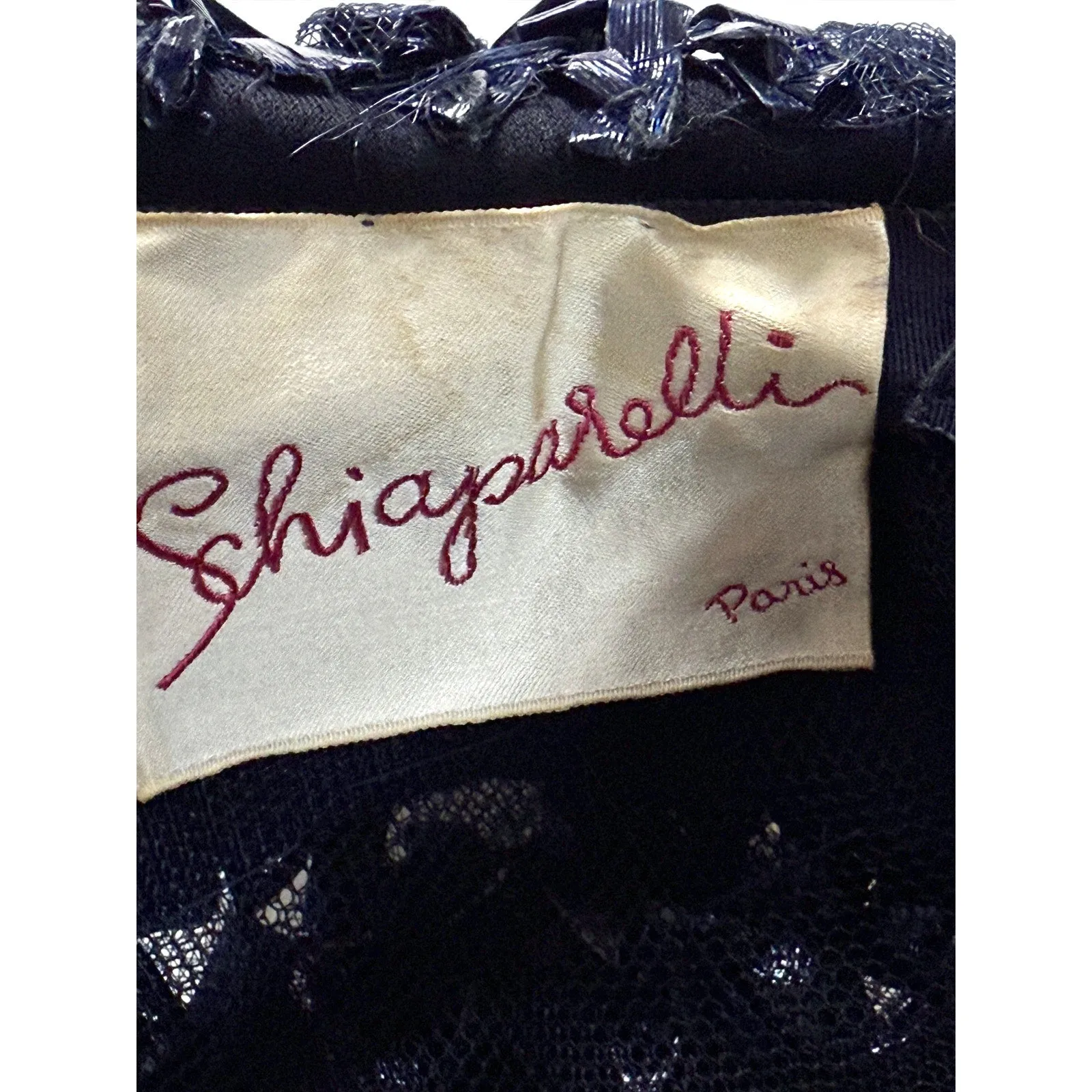 1950s 60s  Schiaparelli Hat Vintage MCM Dark Blue  Cellophane Straw Pillbox Sz S