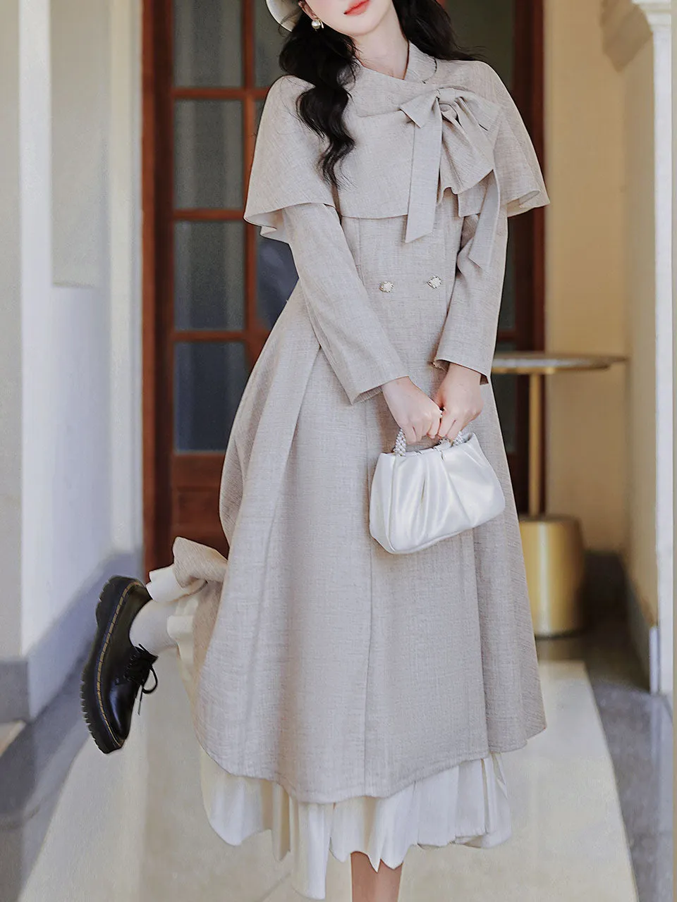 1950S Grey Bow Vintage Cape Long Dress Coat