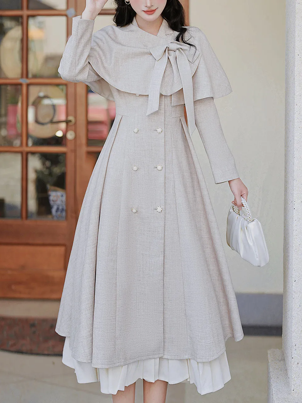 1950S Grey Bow Vintage Cape Long Dress Coat