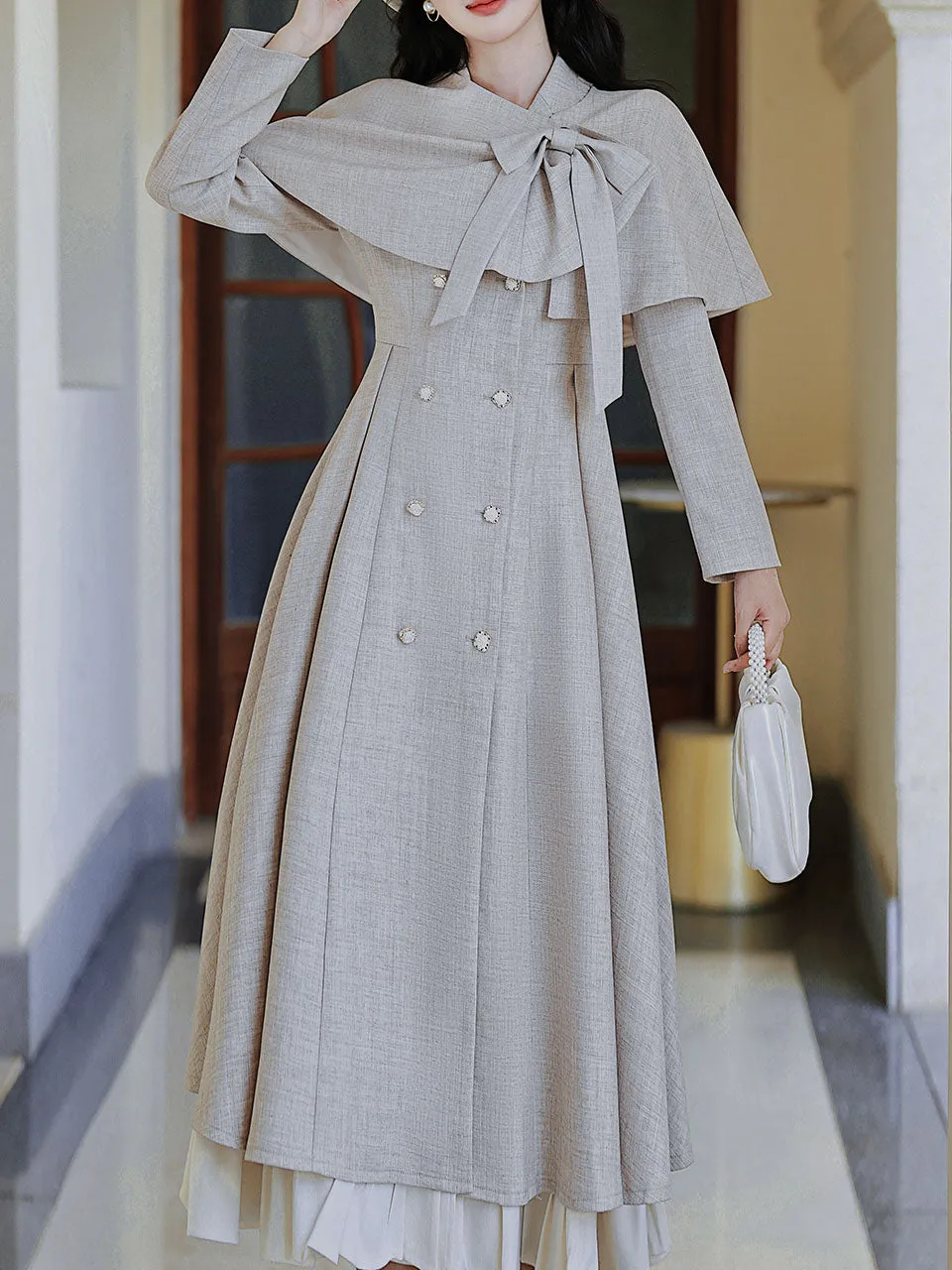 1950S Grey Bow Vintage Cape Long Dress Coat