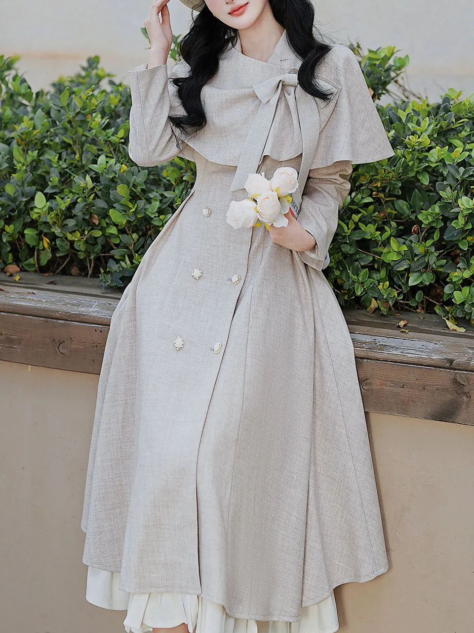 1950S Grey Bow Vintage Cape Long Dress Coat