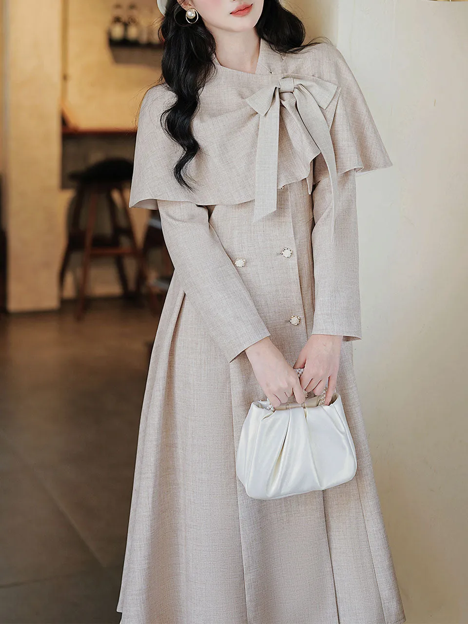 1950S Grey Bow Vintage Cape Long Dress Coat