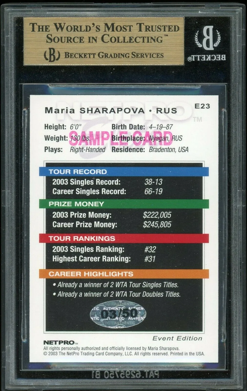 2003 Netpro Elite Court Authentics Maria Sharapova Auto #E23 White Dress RC /50