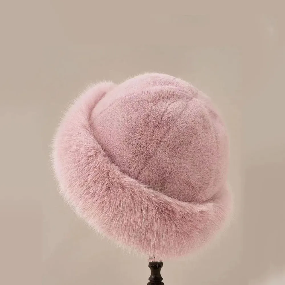 2024 Y2K Fluffy Faux Fur Bucket Hat Women Rabbit Fur Warm Thick Plush Winter Hat Lady Luxury Fashion Furry Panama Fisherman Cap