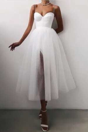 A-line Tulle Short Casual Wedding Dress with Slit