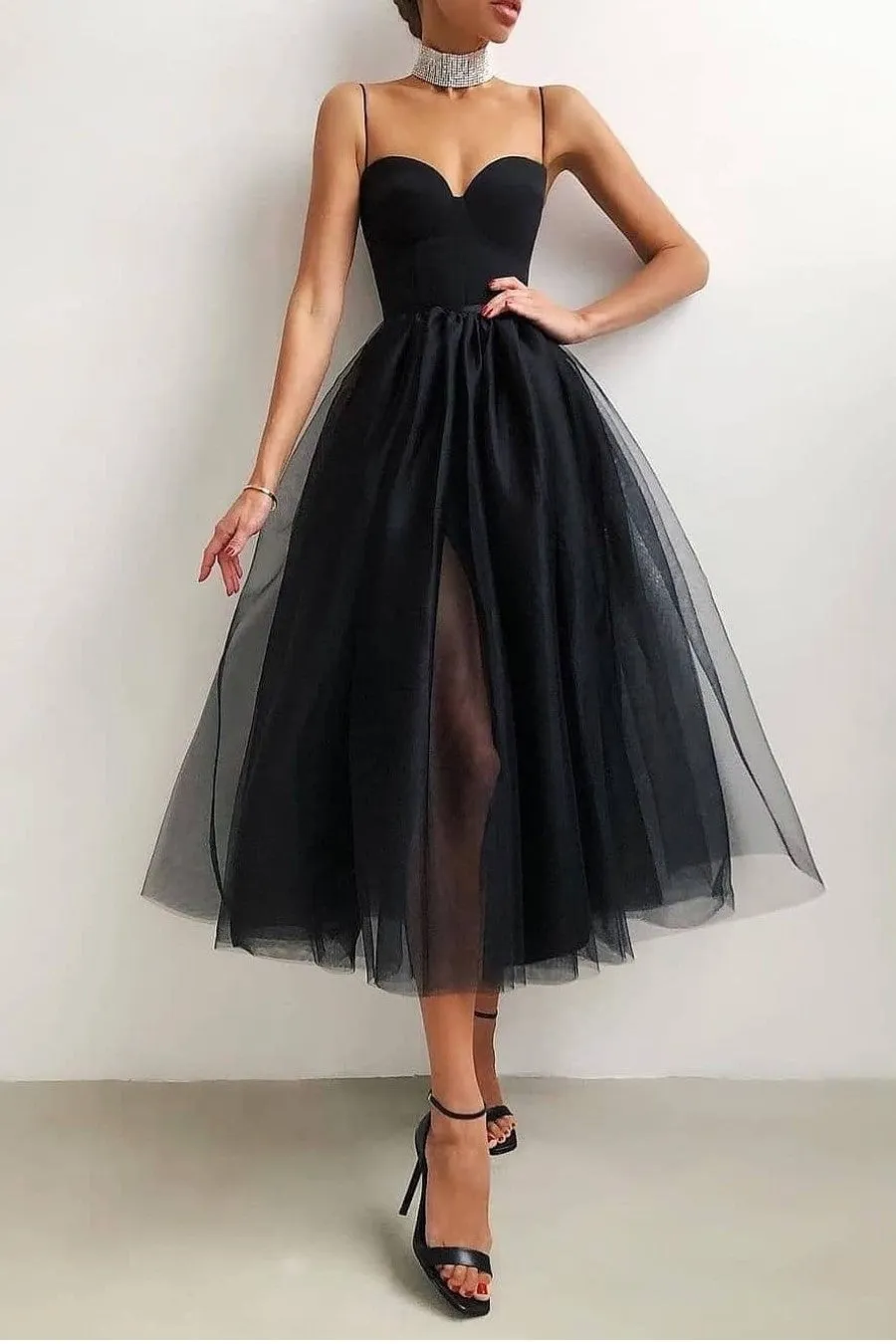 A-line Tulle Short Casual Wedding Dress with Slit