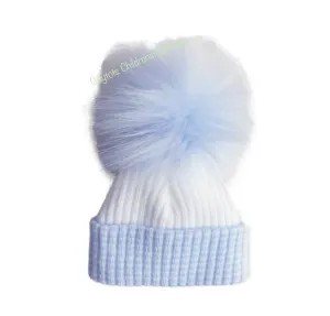 Baby Boys luxury Faux Fur single Pom Hat - Blue/White