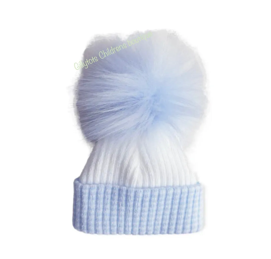 Baby Boys luxury Faux Fur single Pom Hat - Blue/White
