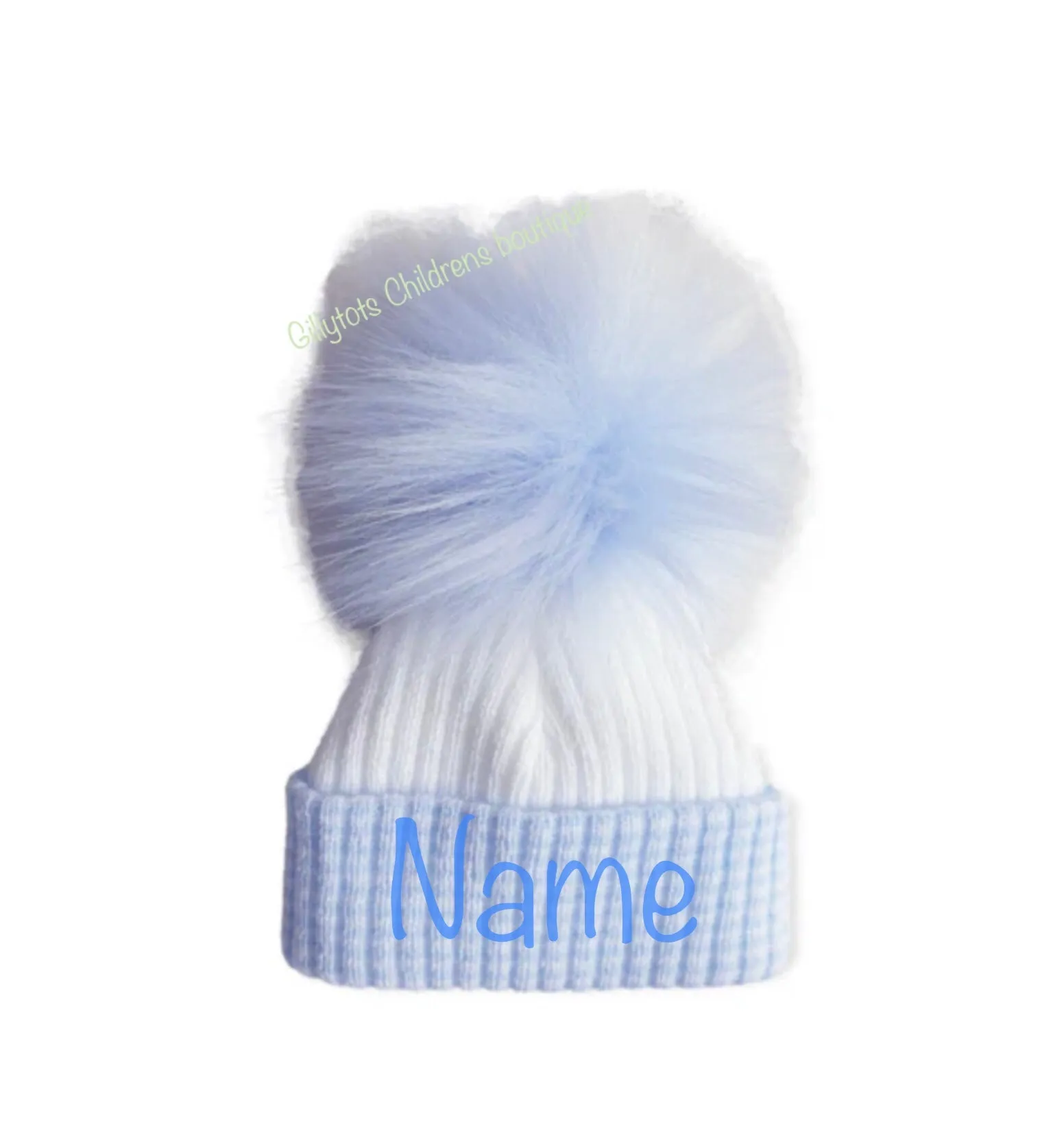 Baby Boys luxury Faux Fur single Pom Hat - Blue/White