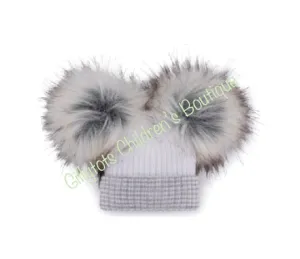 Baby Unisex  luxury  faux fur double  Pom Pom Hat white/grey trim