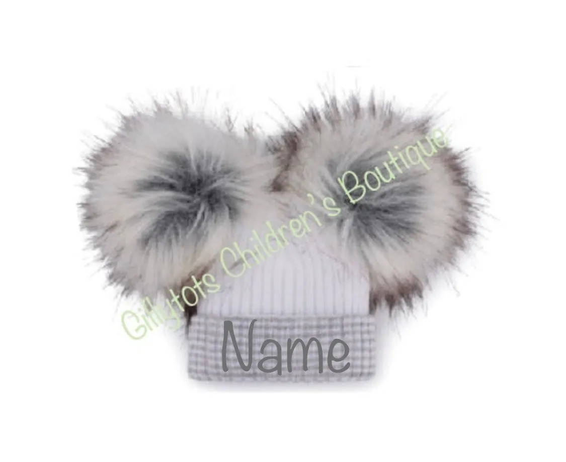Baby Unisex  luxury  faux fur double  Pom Pom Hat white/grey trim