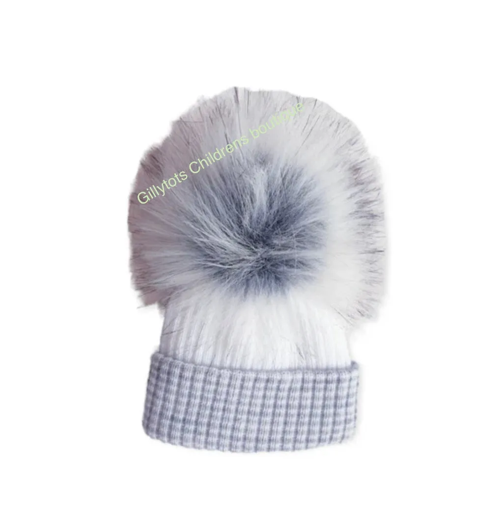 Baby Unisex luxury Faux Fur single  Pom Hat - white/grey trim