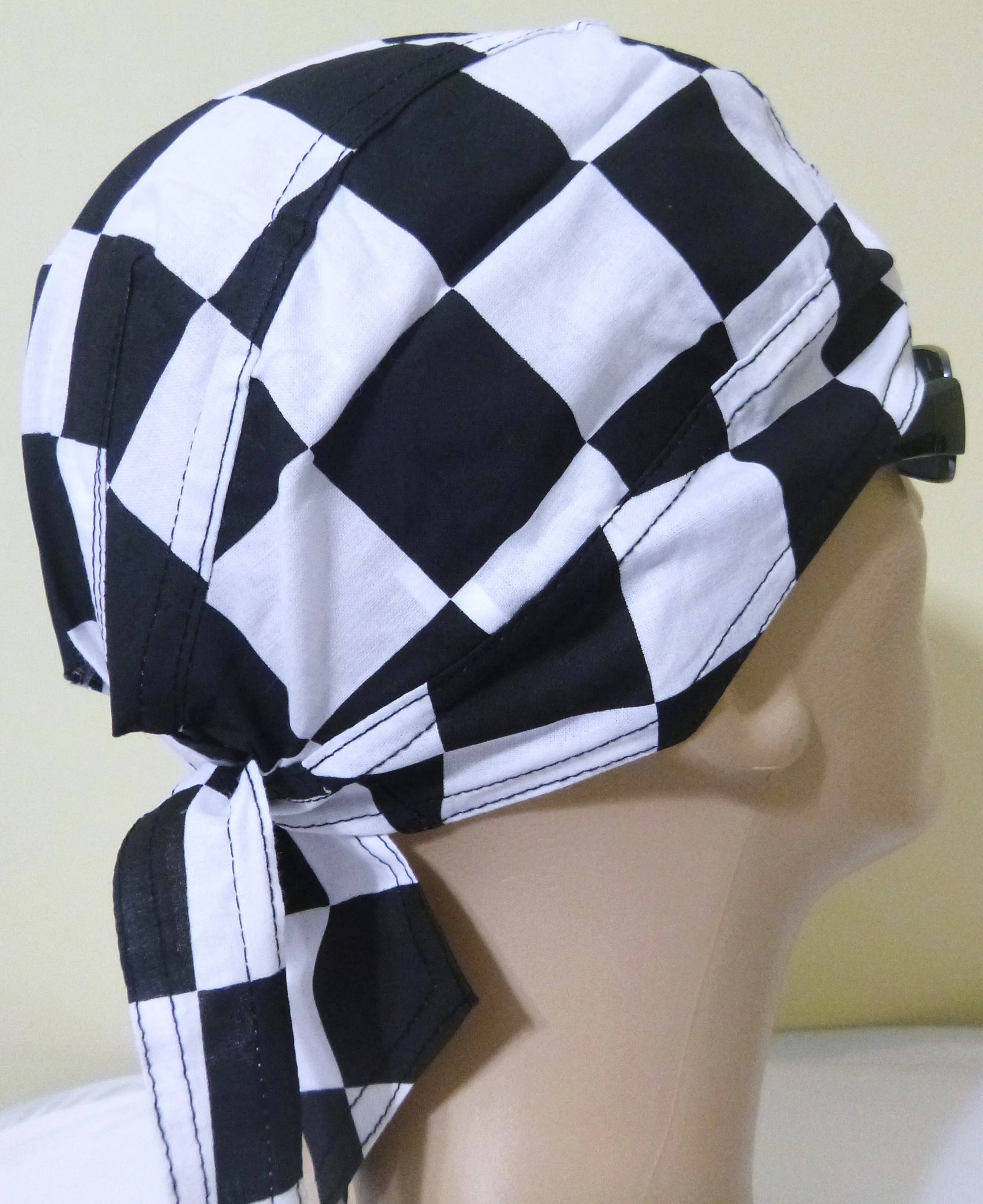 Black and White Checkered Flag Skull Cap Checkers Racing DoRag Motorcycle Hat with SWEATBAND