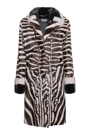 Black/Brown/White Zebra Print Kid Skin & Mink Fur Coat