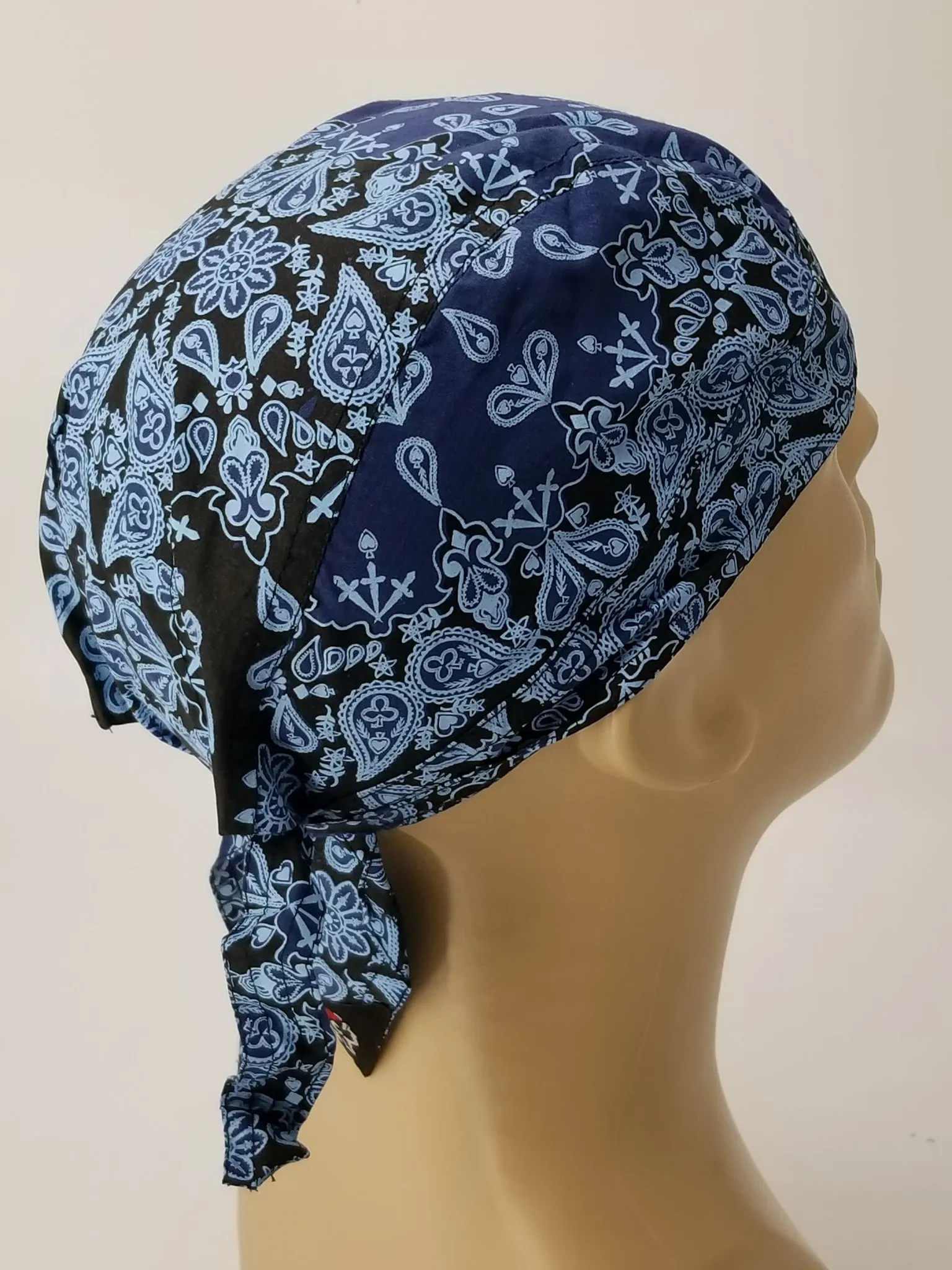 Blue Bandana Headwrap Mix of Classic Paisley Design Dorag Skull Cap Cotton