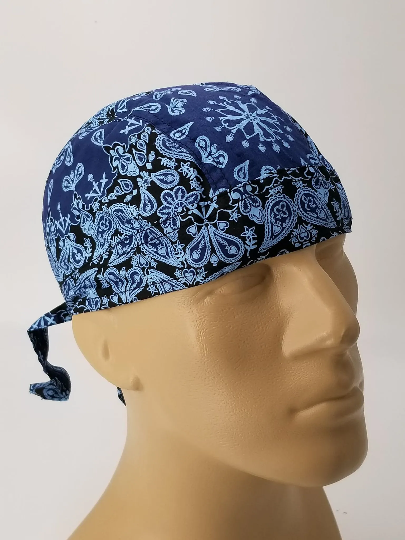 Blue Bandana Headwrap Mix of Classic Paisley Design Dorag Skull Cap Cotton
