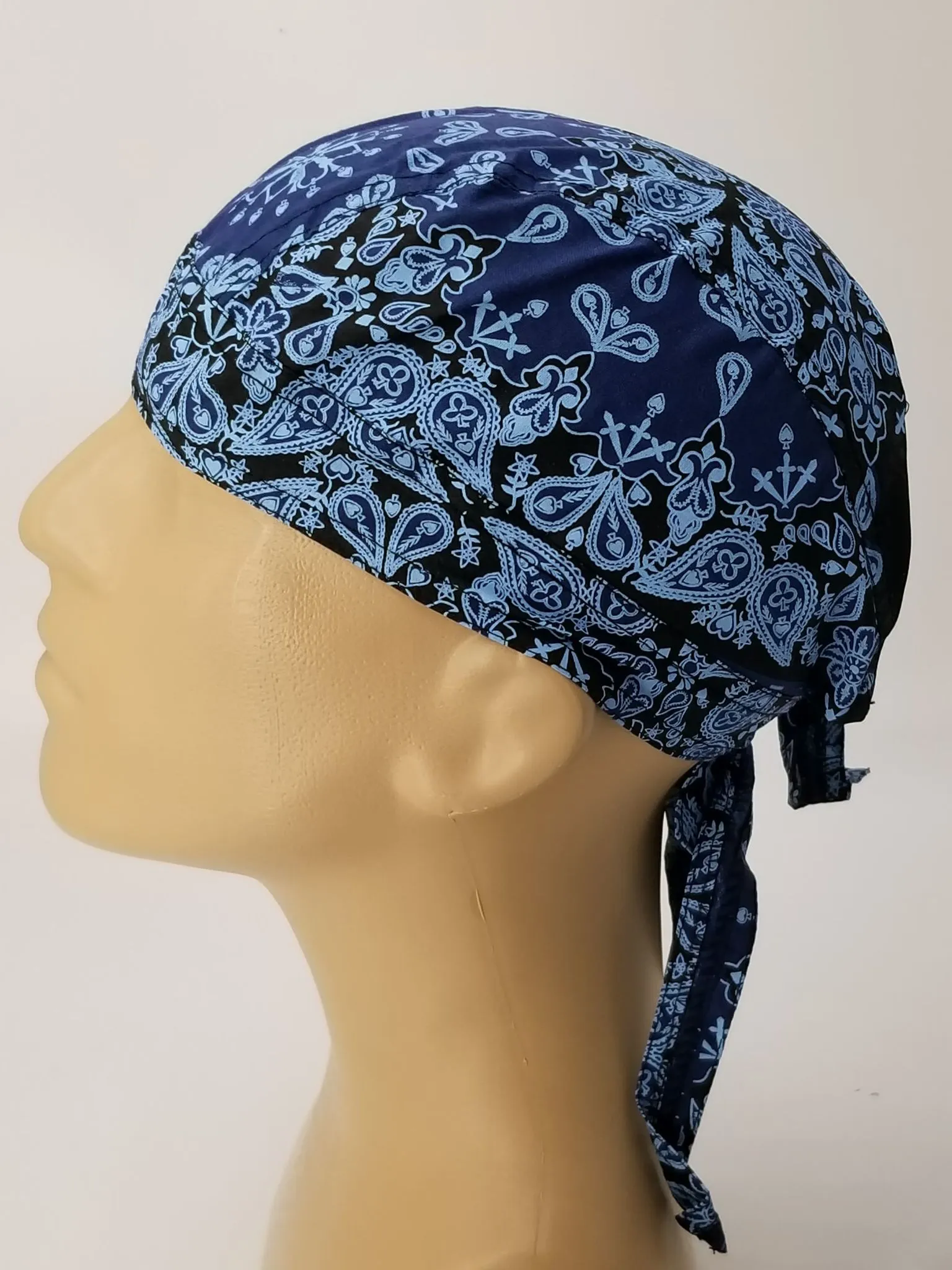 Blue Bandana Headwrap Mix of Classic Paisley Design Dorag Skull Cap Cotton