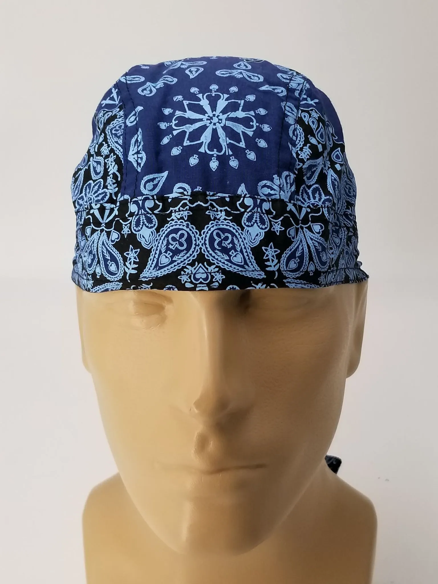 Blue Bandana Headwrap Mix of Classic Paisley Design Dorag Skull Cap Cotton