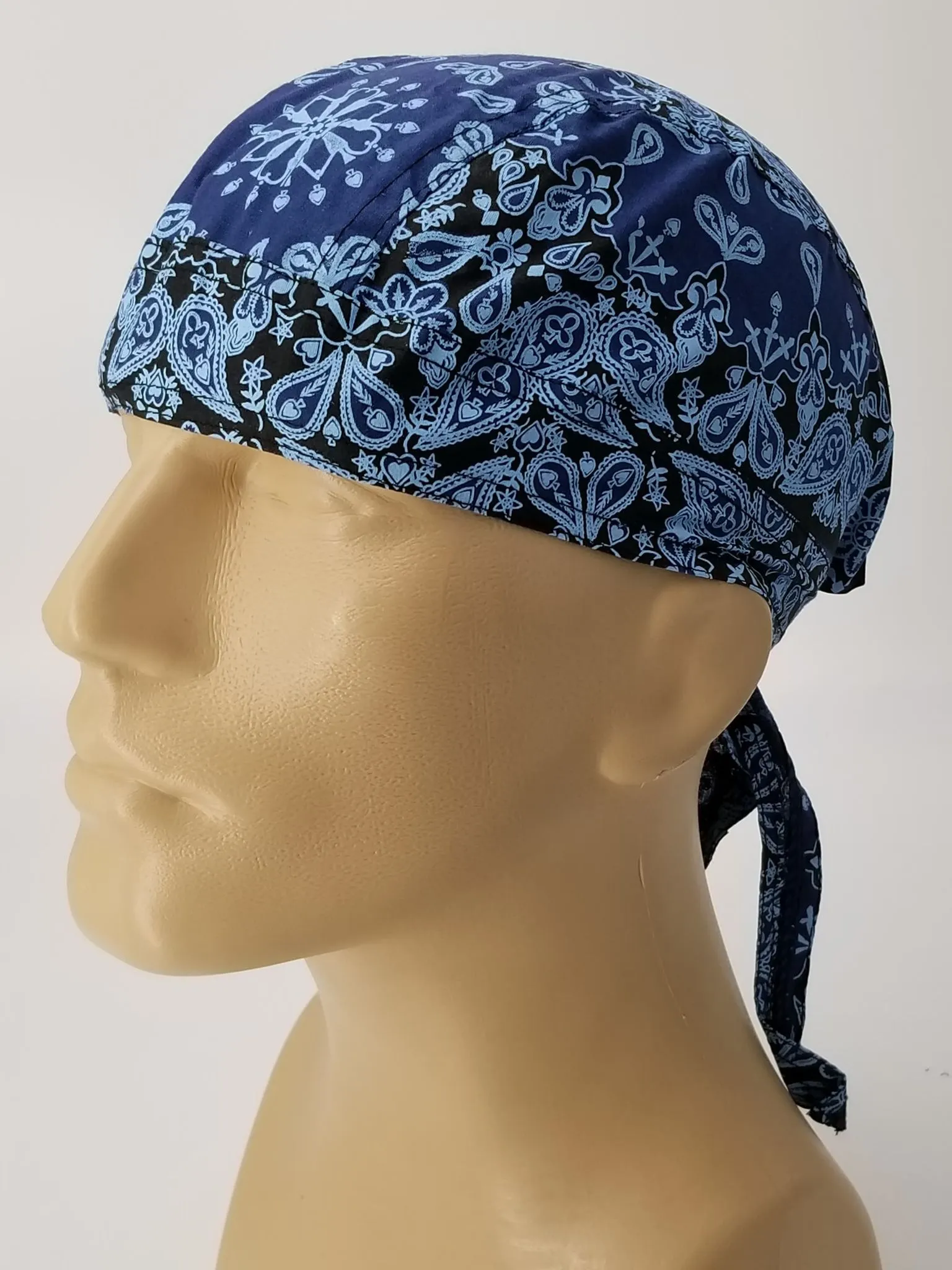 Blue Bandana Headwrap Mix of Classic Paisley Design Dorag Skull Cap Cotton