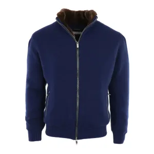 Cashmere Bomber Lined with Beaver Fur in Navy