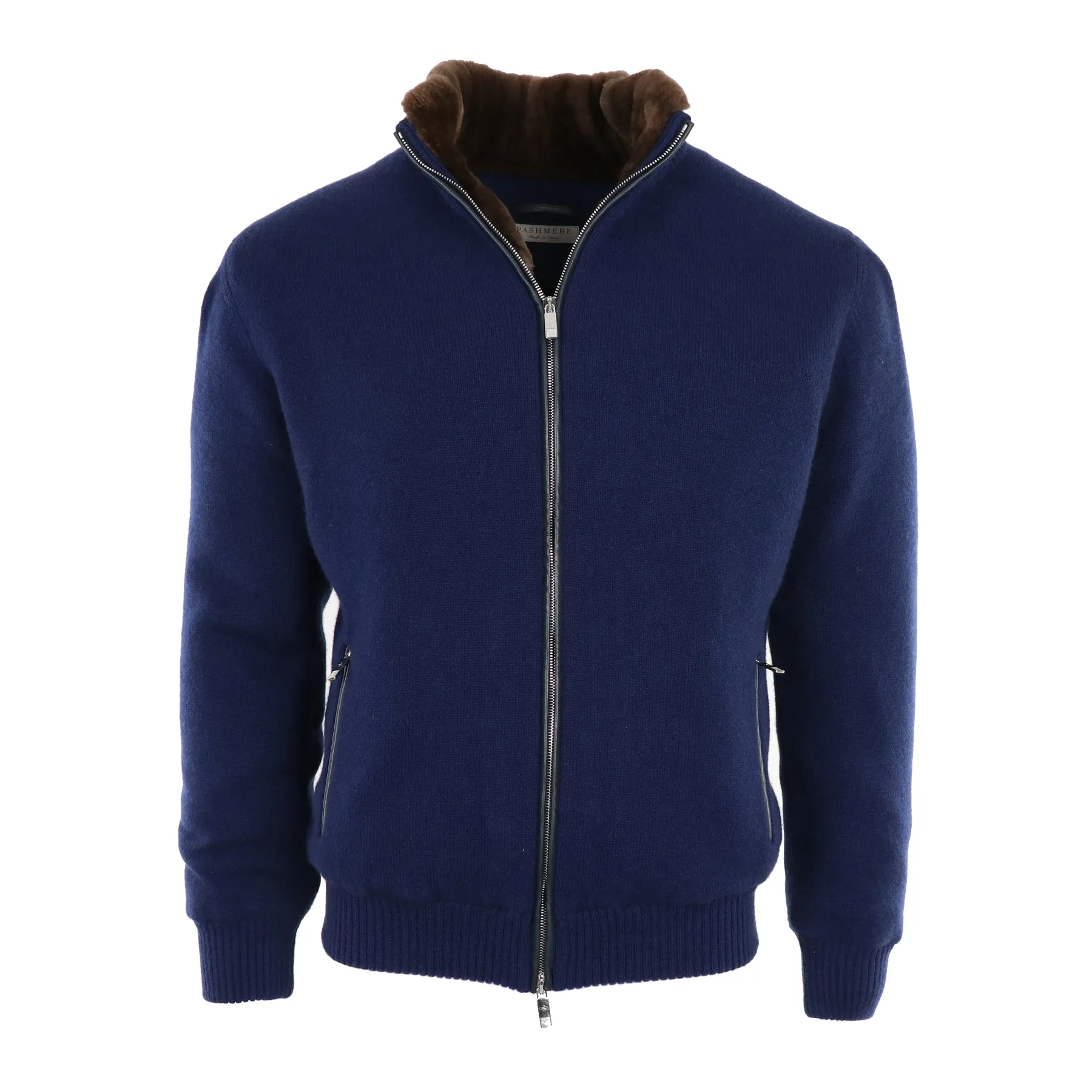Cashmere Bomber Lined with Beaver Fur in Navy