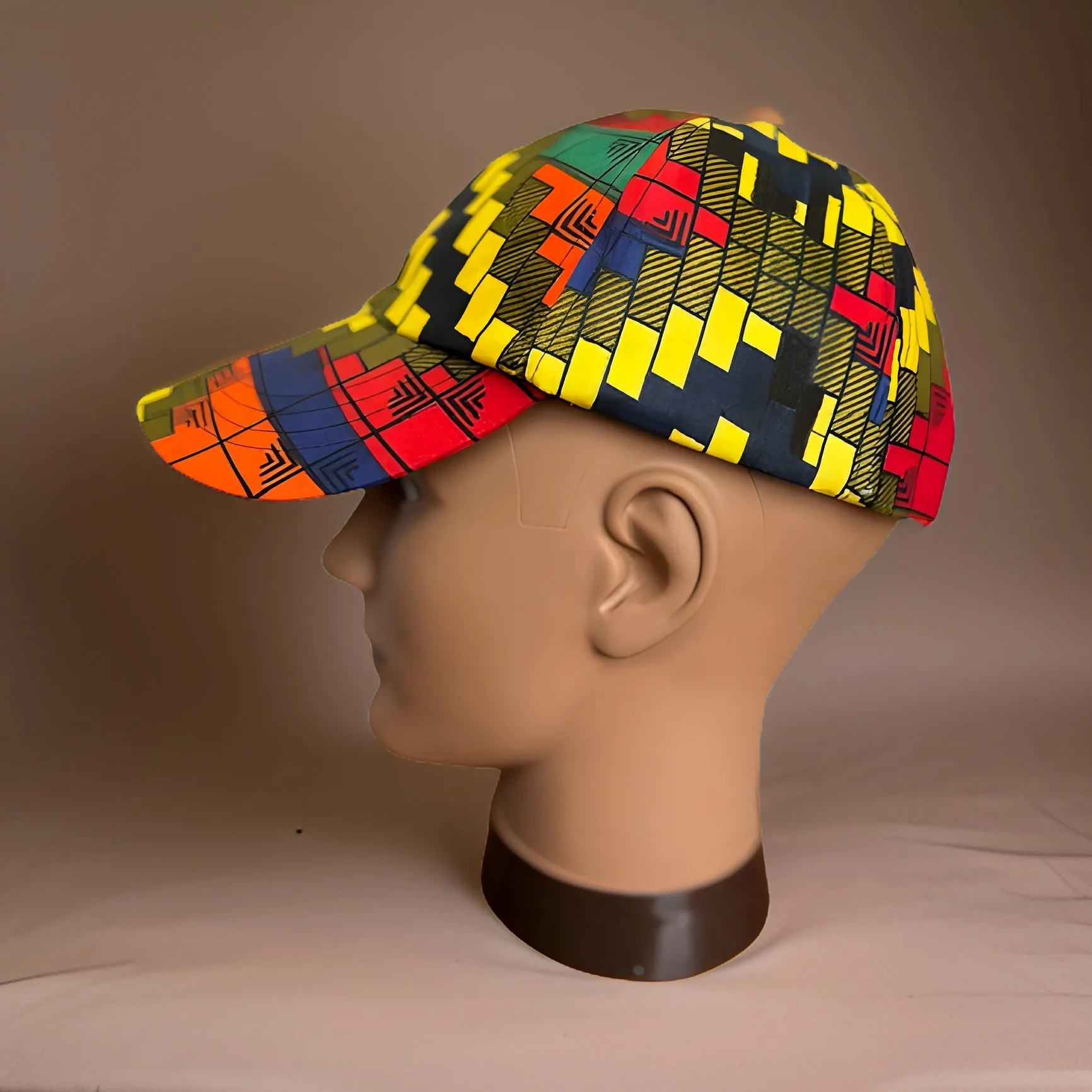 Checkered Multi-Color African Print Baseball Cap with Matching Mask