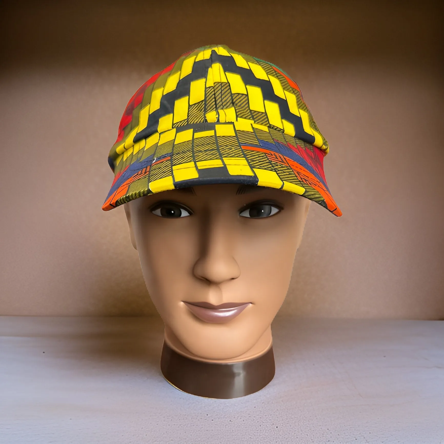 Checkered Multi-Color African Print Baseball Cap with Matching Mask