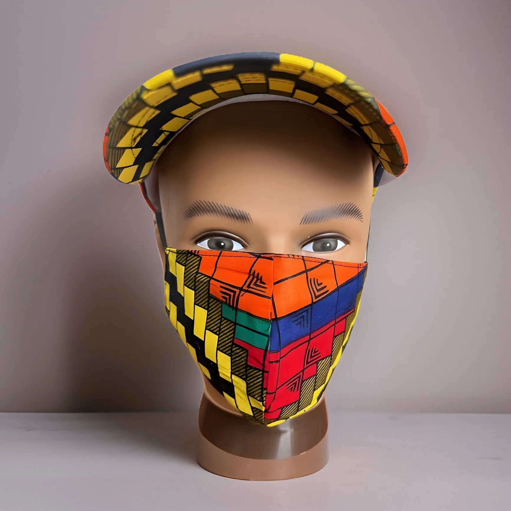Checkered Multi-Color African Print Baseball Cap with Matching Mask