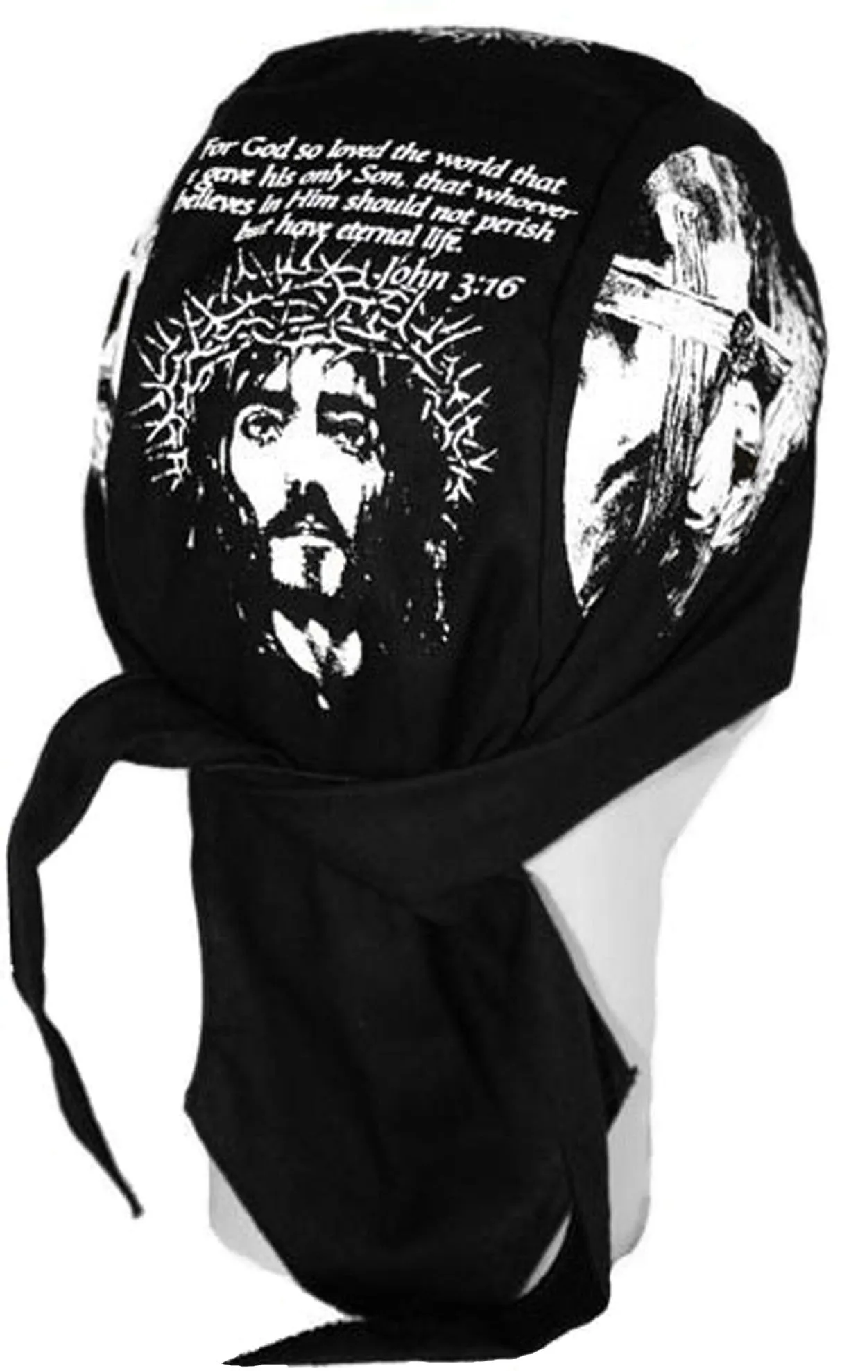 Christian Skull Cap Black JOHN 3:16 Doo-Rag with SWEATBAND Du-Bandana for Christians
