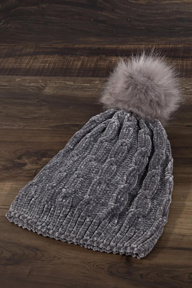 Dark Grey Chenille Cable Knit Beanie