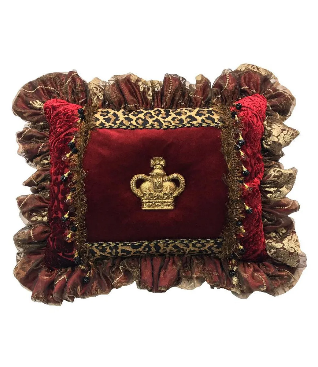 Designer Red and Leopard Print Accent Pillow with Jeweled Crown