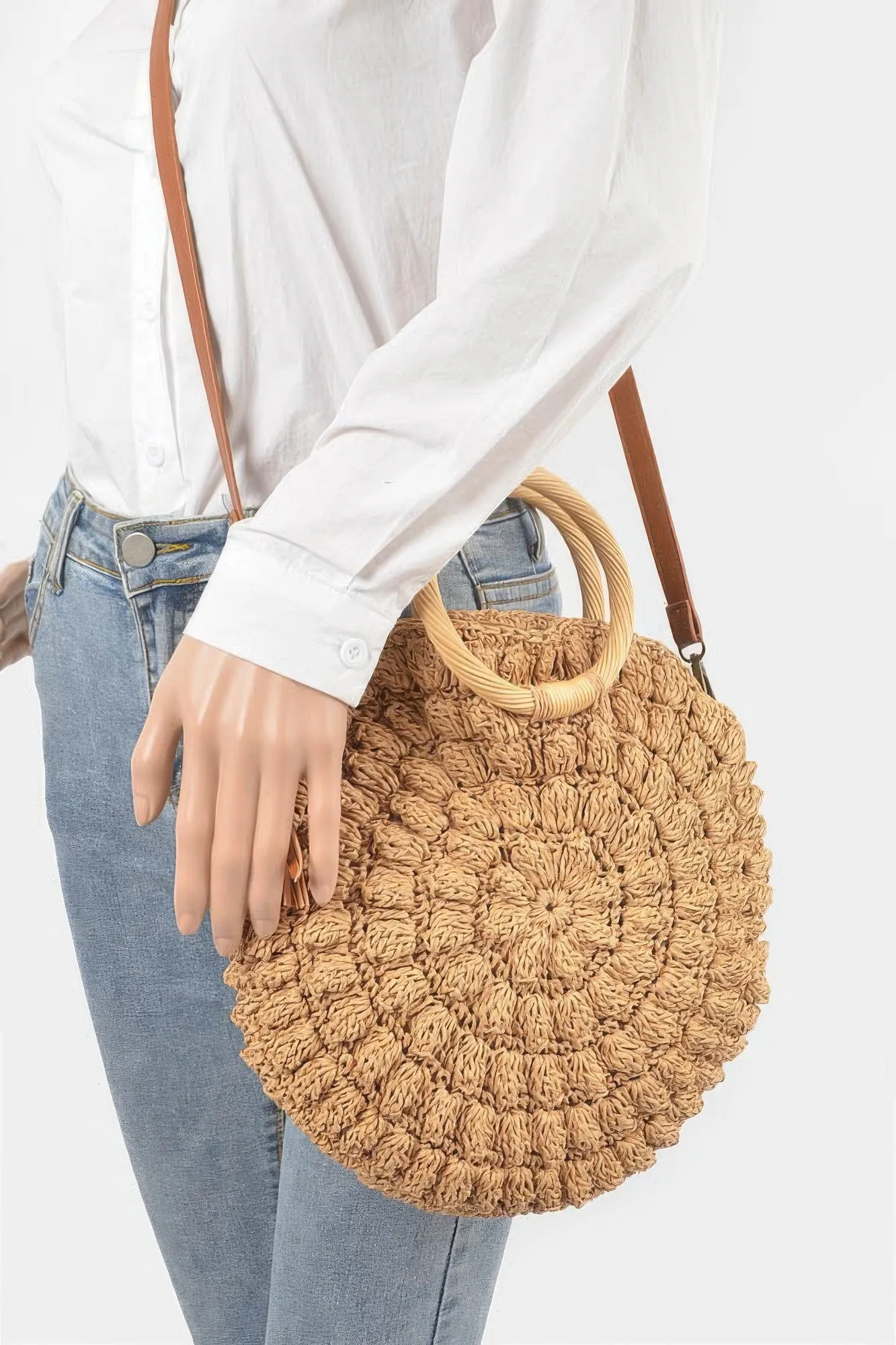 Faux Straw Round Wood Handle Bag