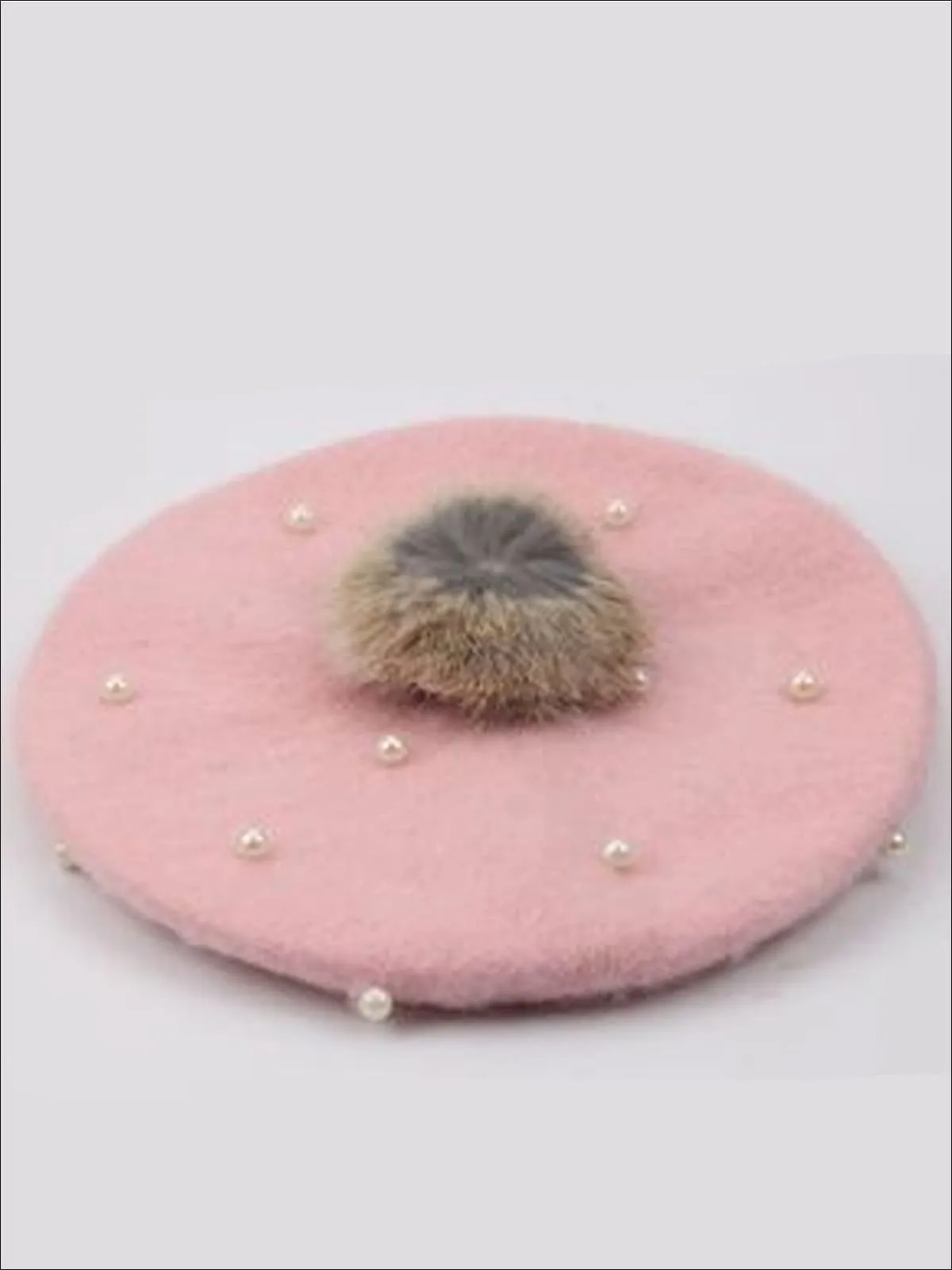 Girls Faux Pearl with Fur Ball Beret