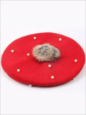Girls Faux Pearl with Fur Ball Beret
