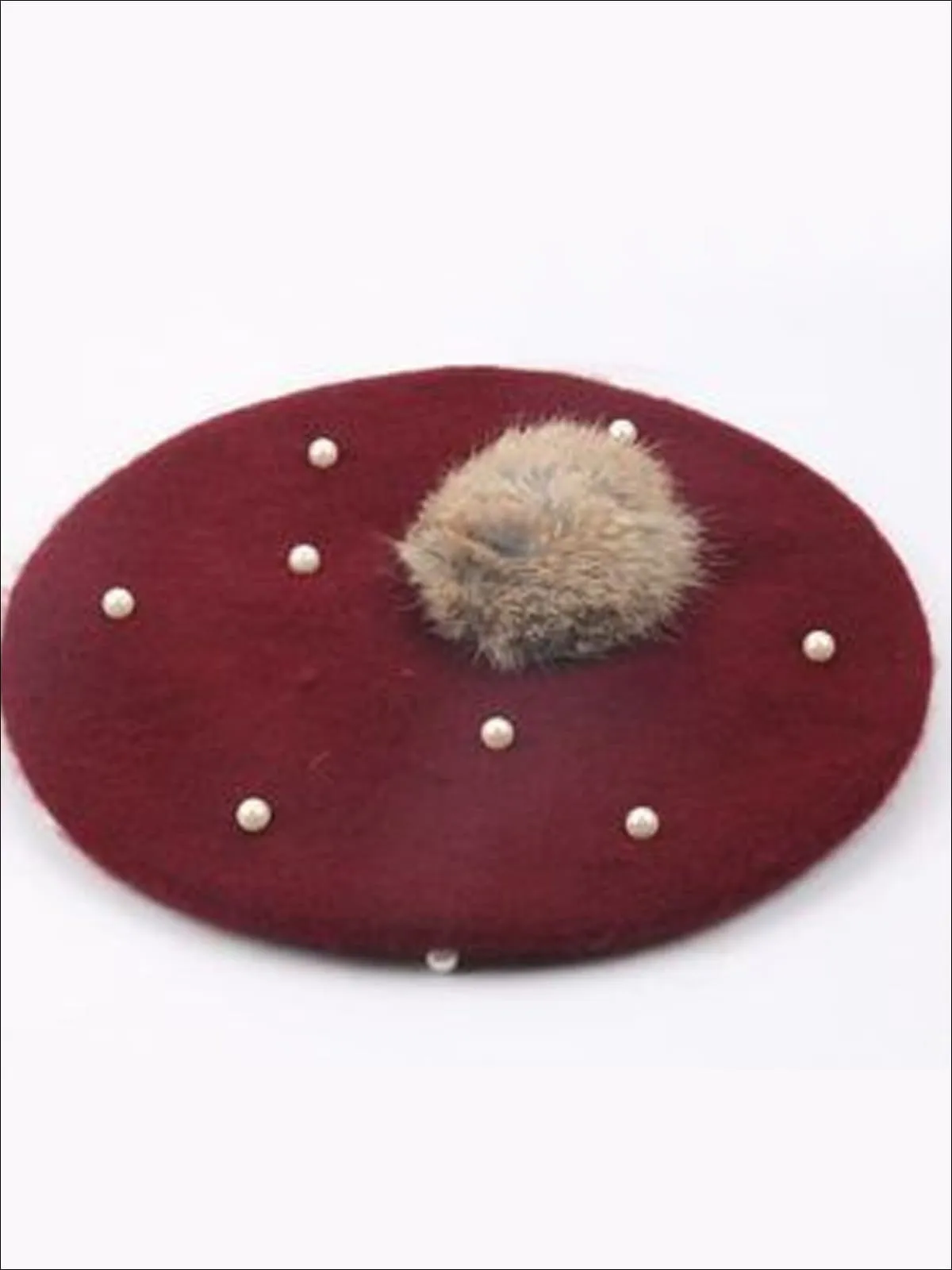 Girls Faux Pearl with Fur Ball Beret