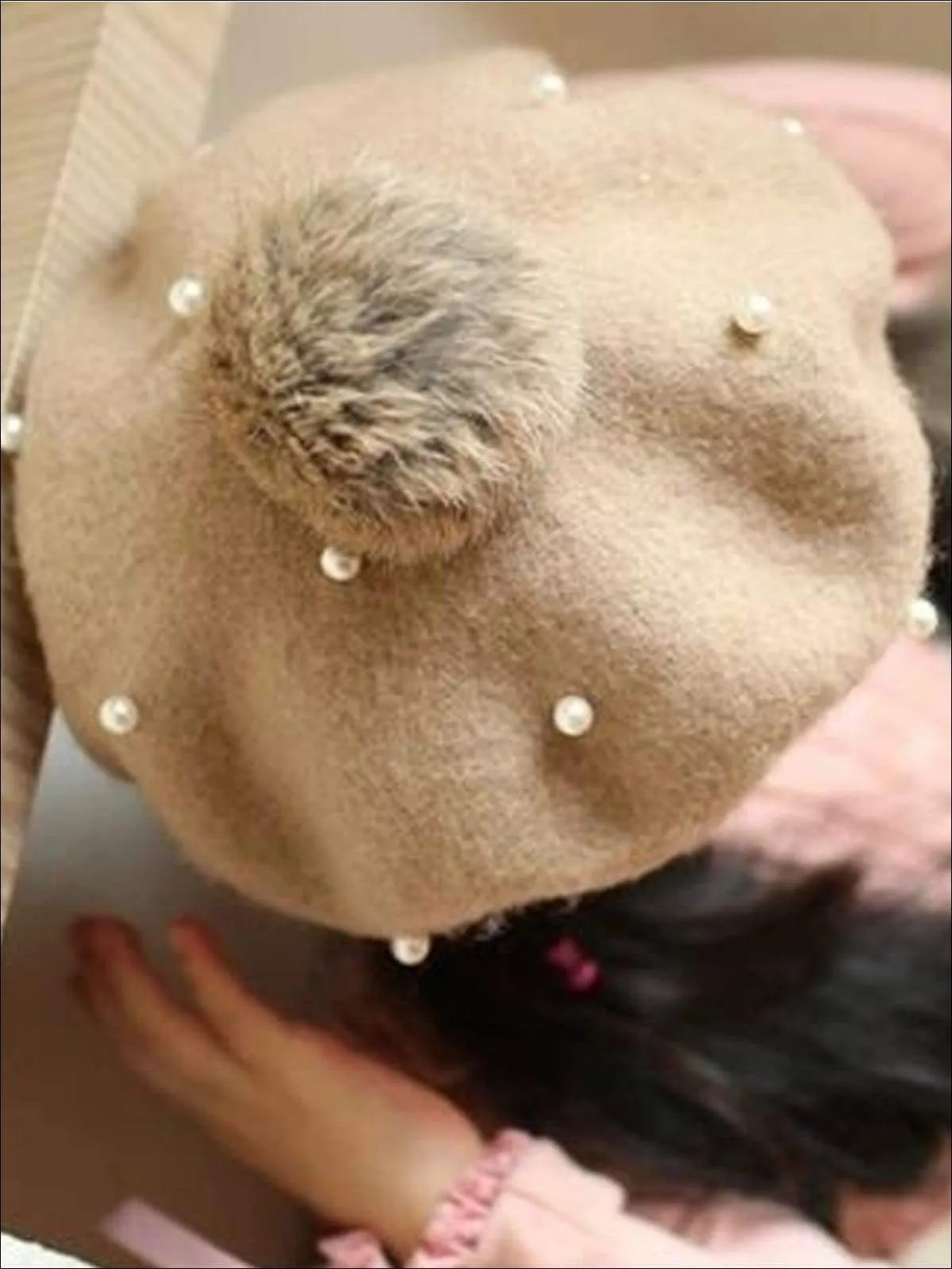 Girls Faux Pearl with Fur Ball Beret