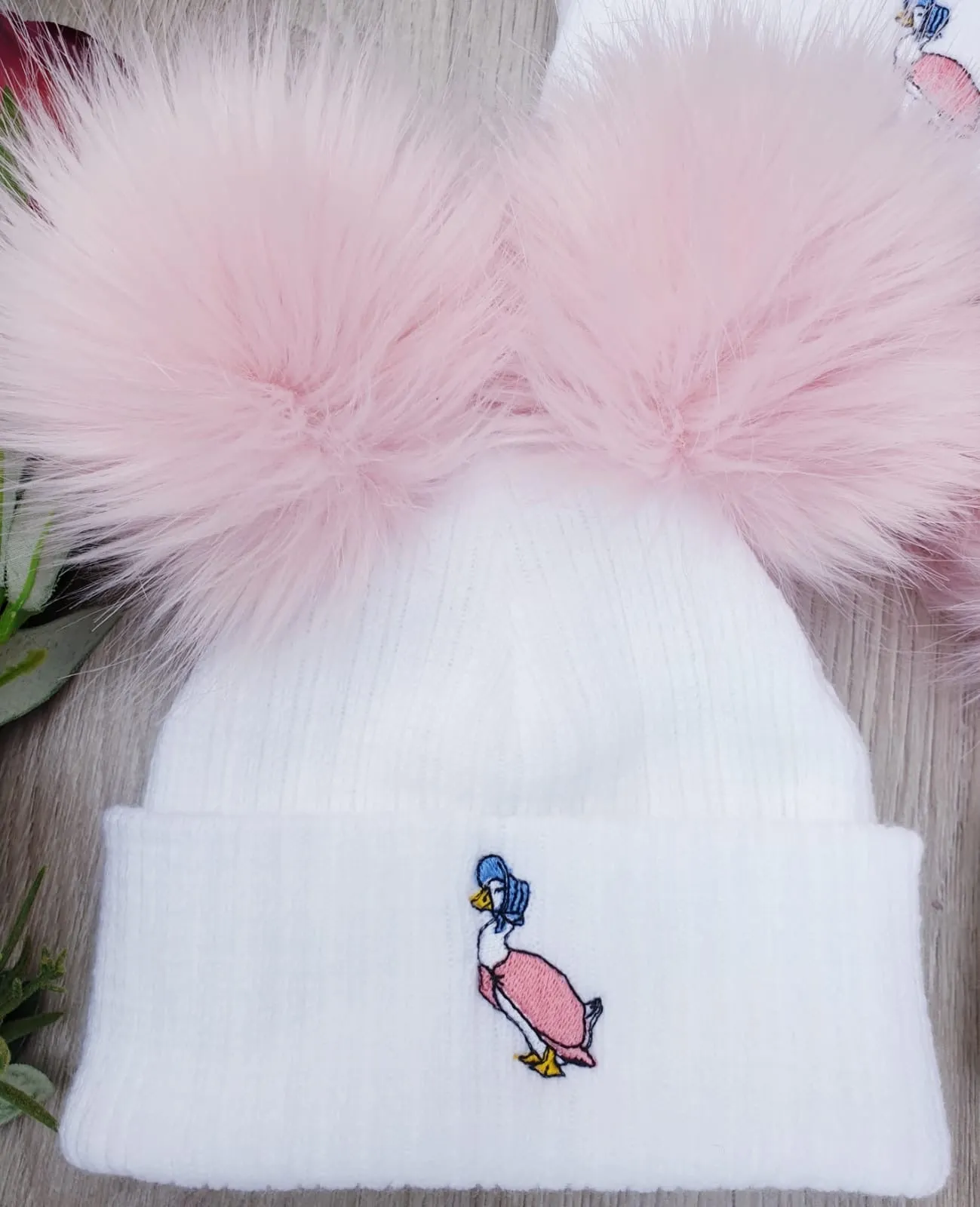 Jemima Puddleduck luxury Faux Fur Double pom Hat - white /Pink