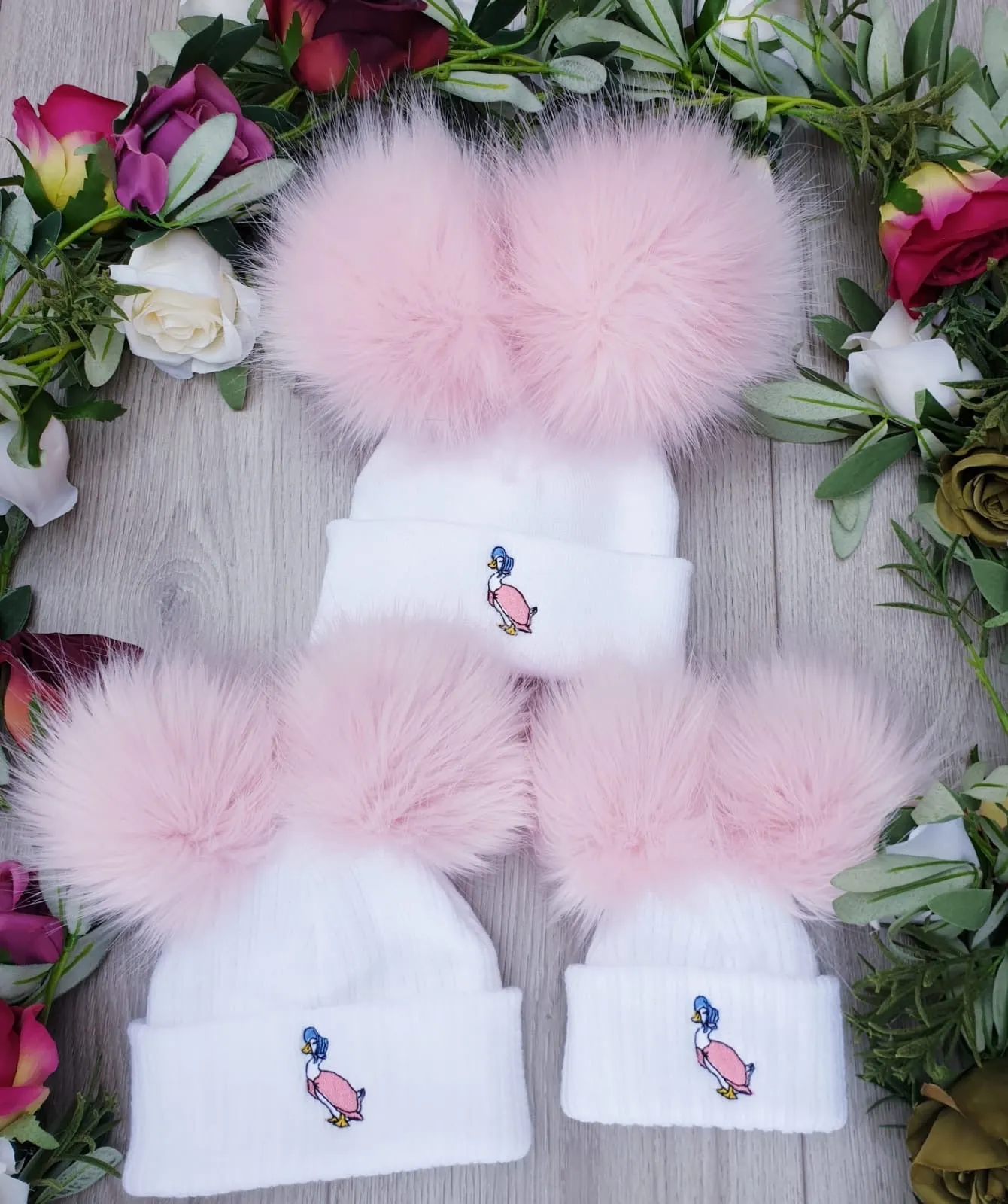 Jemima Puddleduck luxury Faux Fur Double pom Hat - white /Pink