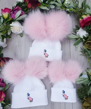 Jemima Puddleduck luxury Faux Fur Double pom Hat - white /Pink