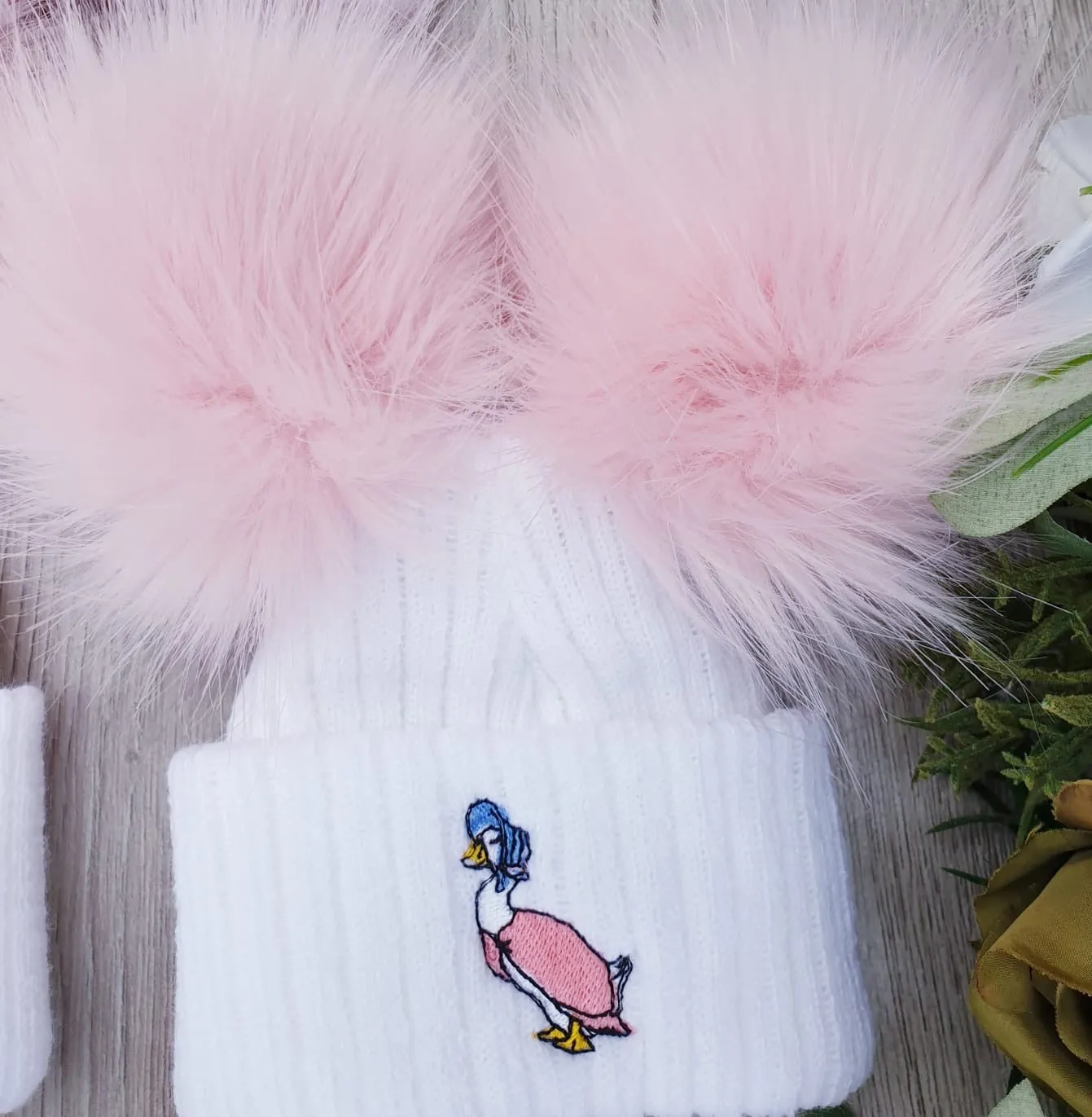 Jemima Puddleduck luxury Faux Fur Double pom Hat - white /Pink