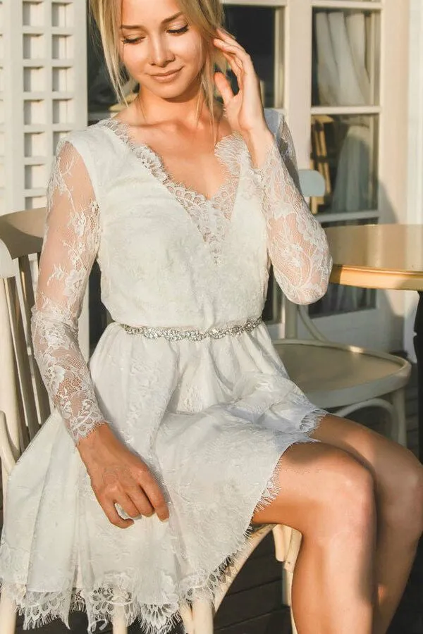 Lace Long Sleeves Short Bride Dress for Casual Wedding