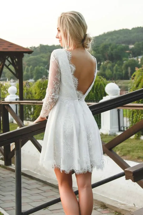 Lace Long Sleeves Short Bride Dress for Casual Wedding